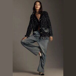 NEW Size S, M, L Anthropologie Button Tweed Fringe Cardigan Sweater, Black Motif